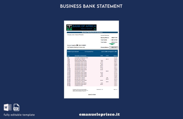 modello Word e PDF di estratto conto aziendale della Banca d'Africa in stile ver